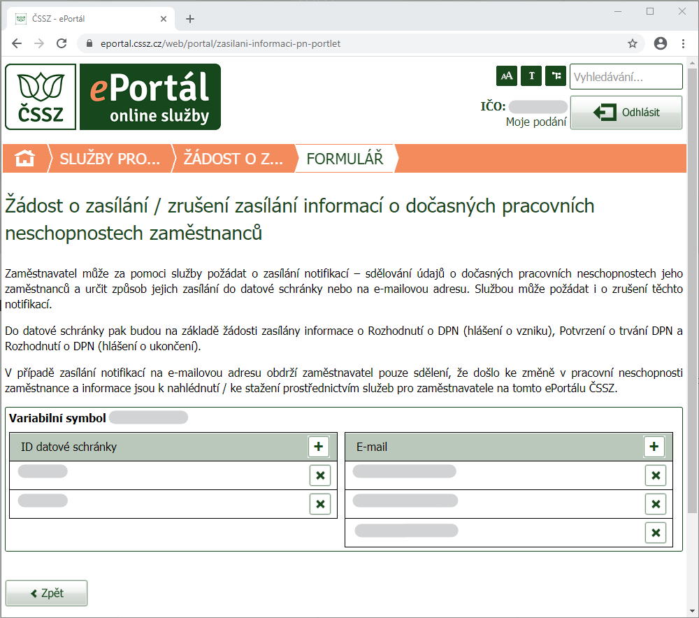 eNeschopenka: Zadání ID datových schránek na ePortálu ČSSZ